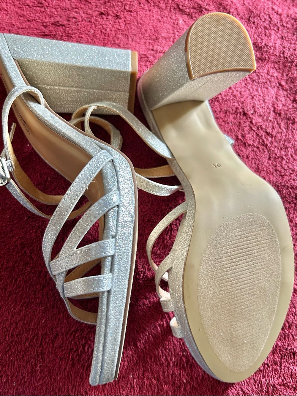 Badgley Mischka Silver Glitter Strappy Block Heels